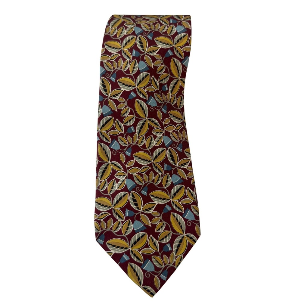 Maus & Hoffman Made Italy Silk Tie Burgundy Yellow Leaf Floral Bell Botanical